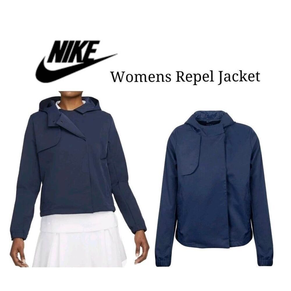 Nike Women's Navy Blue Poly Golf Repel Fabric Full Zip Hooded Jacket Run Officia